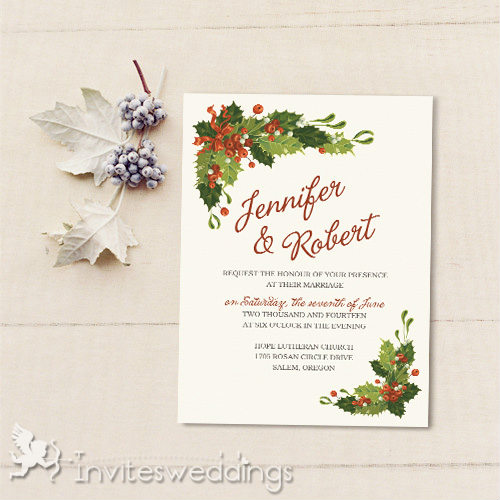 Classic Mistletoe Christmas Holiday Wedding Invites IWI341