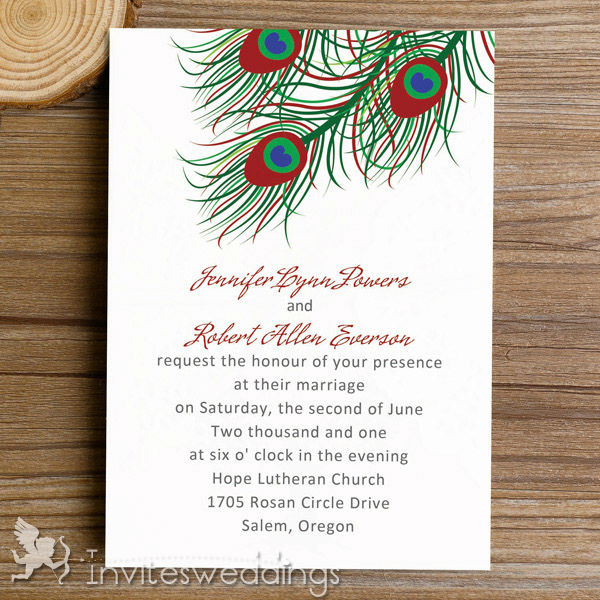 Green and Red Peacock Christmas Wedding Invitation IWI322