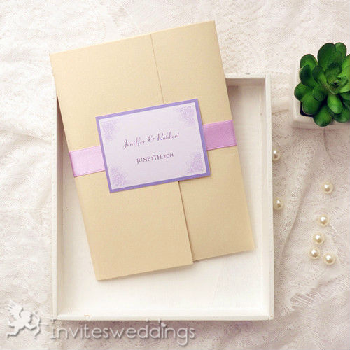 Light Purple Flower Gold Pocket Wedding Invites IWPI021