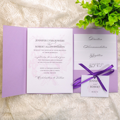 Pink Flower Purple Ribbon Pocket Wedding Invitations IWPI011