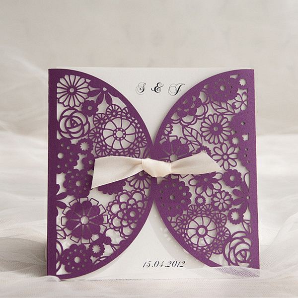 Purple Laser Cut Ivory Ribbon Wedding Invitations IWSM042