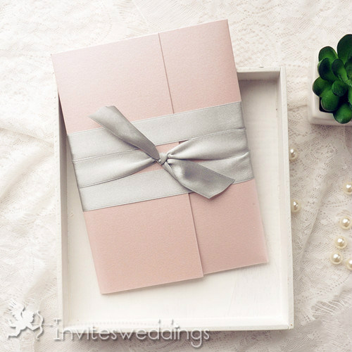 Silver Ribbon Pink Floral Pocket Wedding Invitations IWPI034