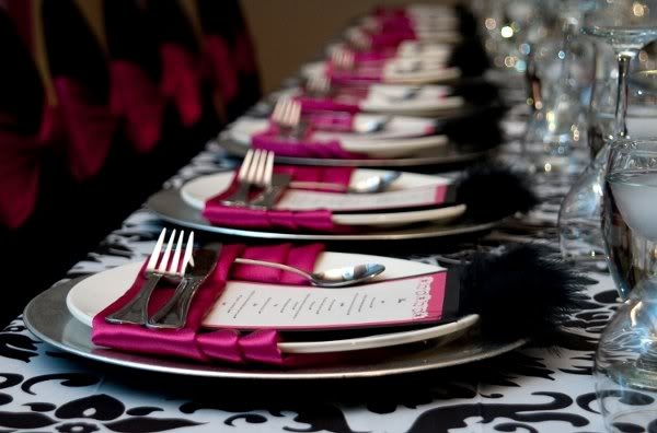 Gorgeous pink and black damask place settings