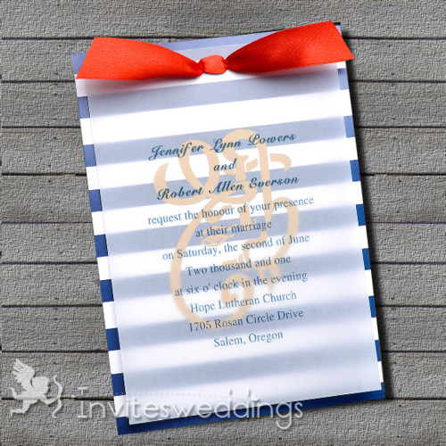 Blue And White Nautical Ribbon layered Wedding Invites IWFC036