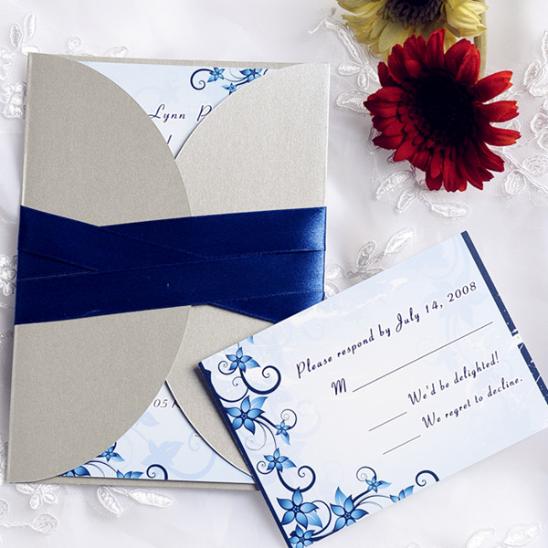 Blue Floral Design Pocket Invite With Ribbon IWGY075