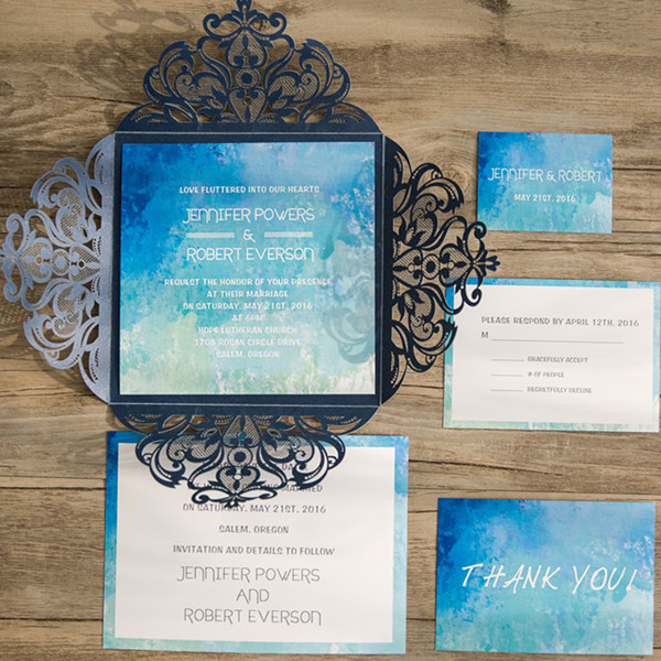 Blue Watercolor Laser Cut Wedding Invites IWSM061