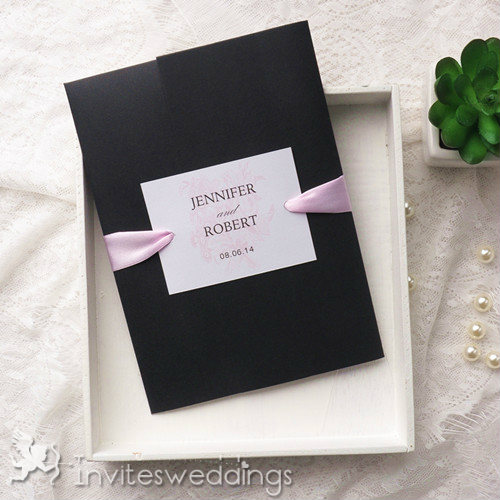 Cheap Pink Floral Black Pocket Wedding Invitation IWPI041