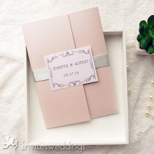 Cheap Shades of Pink Ribbon Pocket Wedding Cards IWPI036