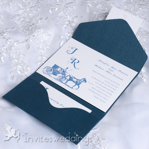 Cheap Vintage Carriage Blue Pocket Wedding Invitations IWPS081
