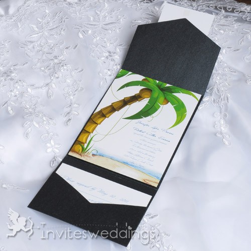 Classic Beach Palm Tree Pocket Wedding Invites IWPS087