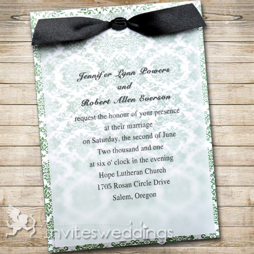 Green Floral Black Ribbon Layered Wedding Invites IWFC037
