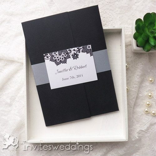 Inexpensive Black Lace Pocket Wedding Invitations IWPI039