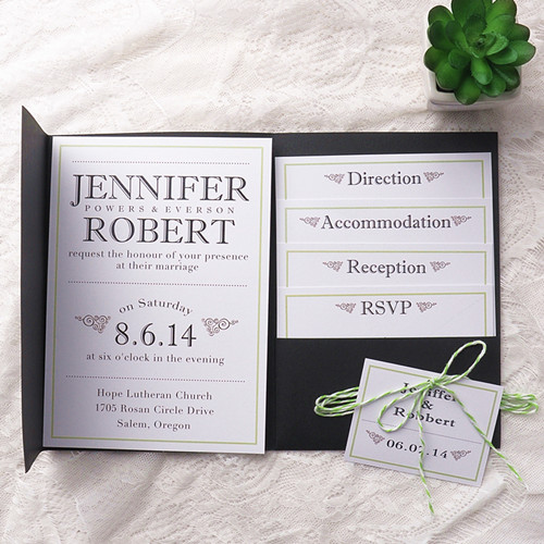 Modern Simple Green Black Pocket Wedding Invitation IWPI042