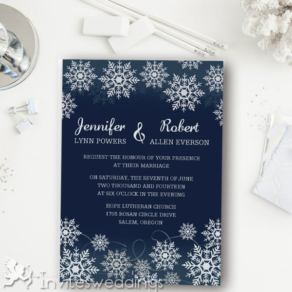 Navy Blue Snowflake Winter Wedding Invitations IWI345