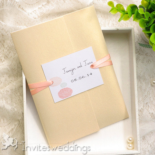 Peach Flower Gold Pocket Spring Wedding Invitation IWPI009
