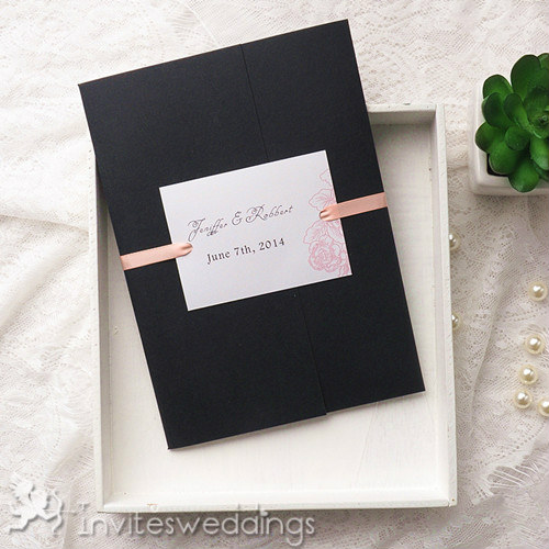 Spring Floral Black Pocket Wedding Invitations IWPI037