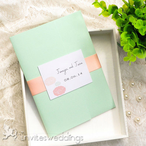 Peach and Mint Green Flower Spring Pocket Wedding Cards IWPI006
