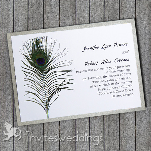Peacock Feather Simple Gray Layered Wedding Invites IWFC005