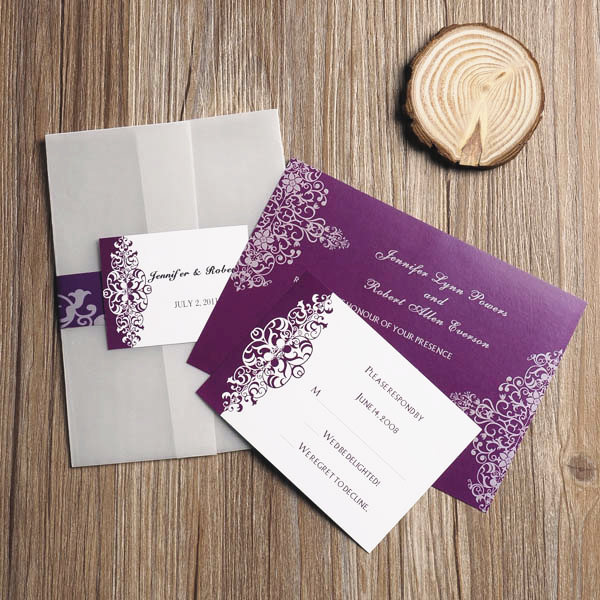 Purple Damask Vintage Pocket Wedding Invitation IWGY048