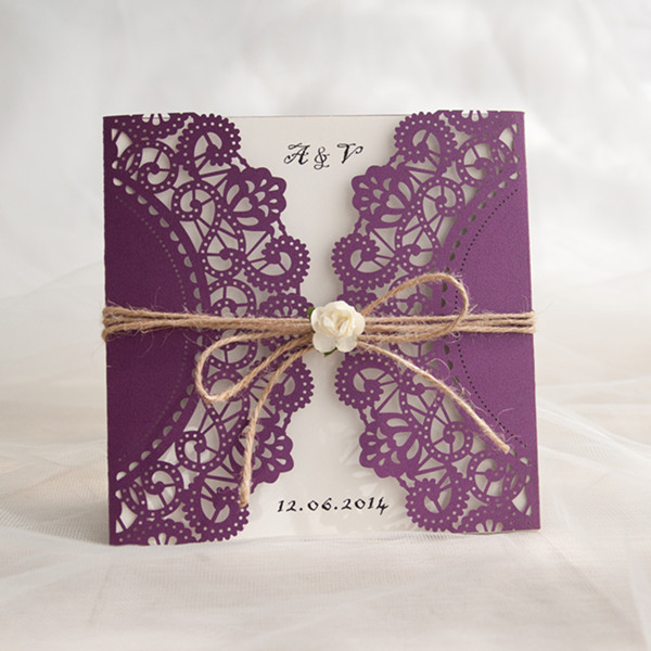Purple Laser Cut Ivory Flower Twine Wedding Invitations IWSM046
