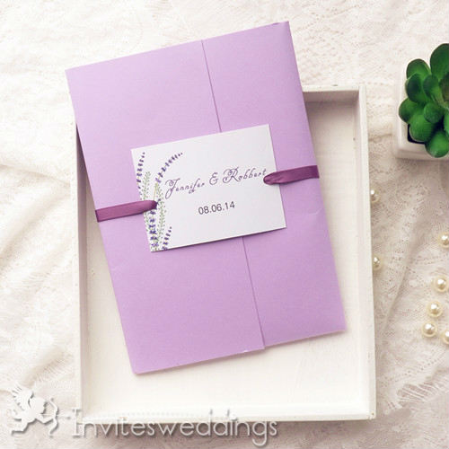 Purple Lavender Pocket Ribbon Wedding Invitations IWPI026
