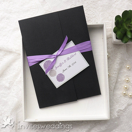 Purple Ribbon Dandelion Pocket Wedding InvitationsIWPI043
