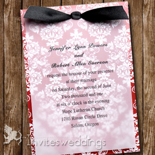 Red Floral Black Ribbon Layered Wedding Invites IWFC038