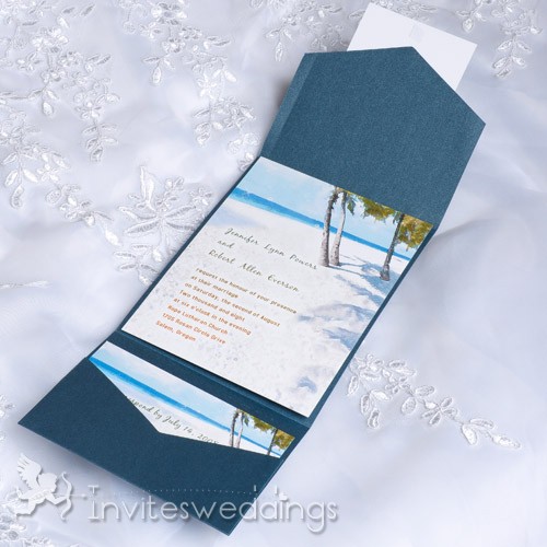 Romantic Beach Scenery Blue Pocket Wedding Invitations IWPS079