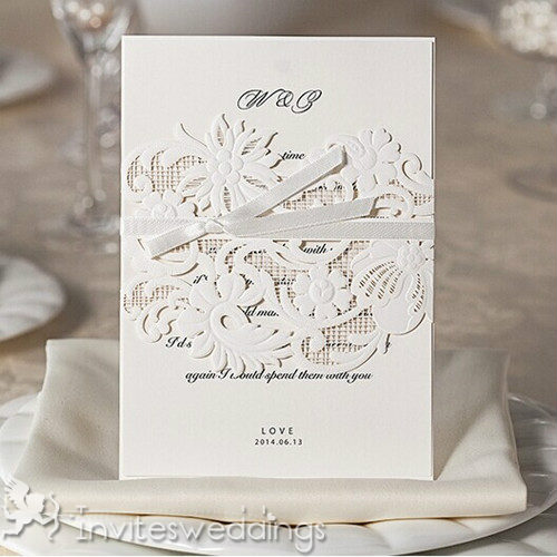 Simple White Laser Cut ribbon Wedding Invitations IWSM009