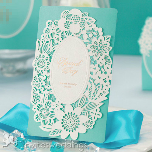 Tiffany Blue Laser Cut Golded Wedding Invitations IWSM005