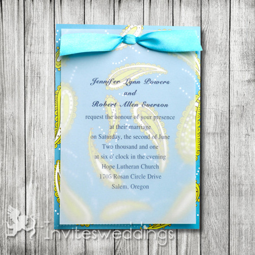 Winter Blue Green Ribbon Layered Wedding Invites IWFC035